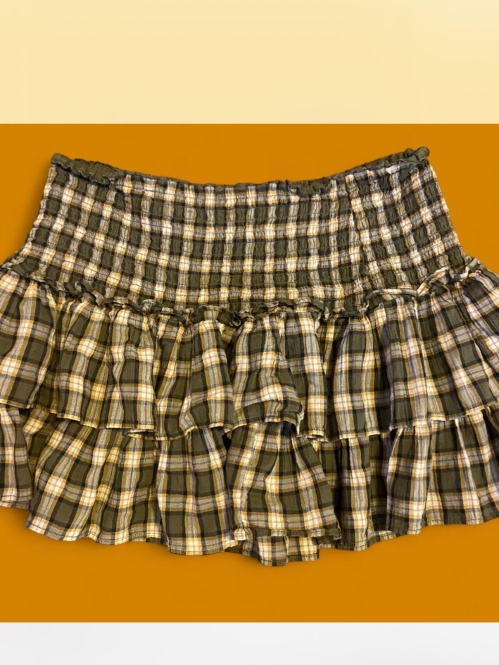 American Eagle Outfitters Olive & Cream Plaid Ruffle Mini Skirt